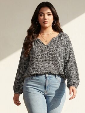 NWOT GAP Plus Size Long Sleeve Black Ditsy White Floral V Neck Blouse Top - XXL